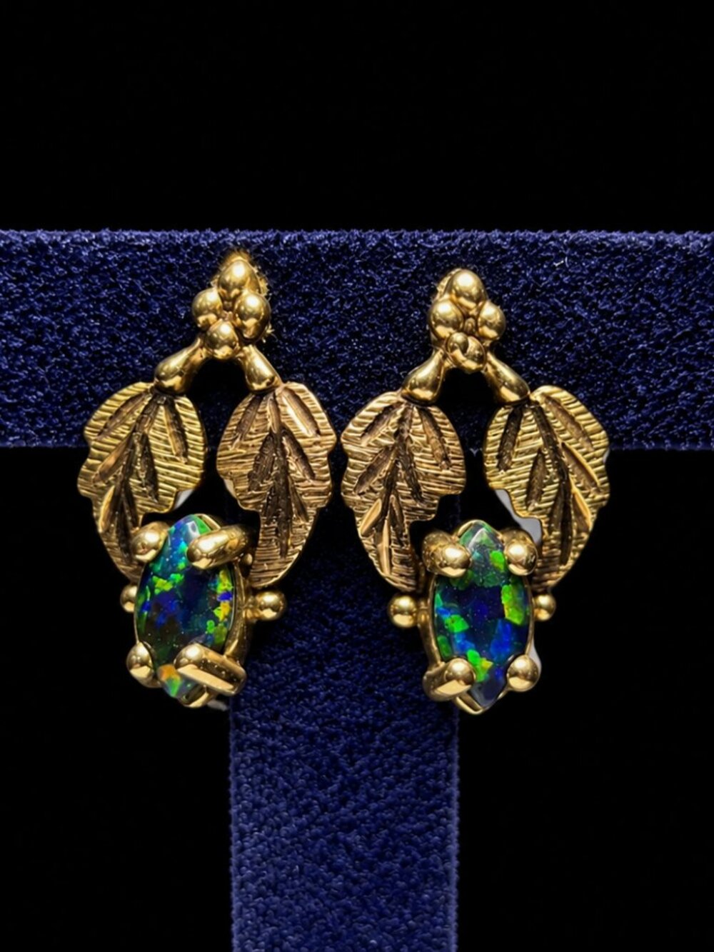 Vintage Black Hills Gold 10K Yellow Gold Black Opal Stud Earrings 12K Leaves
